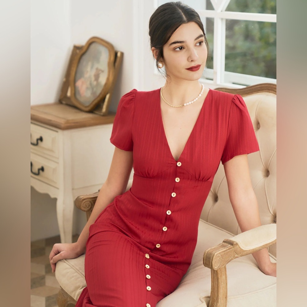 NWT RIHOAS The Red V Neck Shirred Puff Sleeve Midi Dress Sz M - Picture 3 of 10